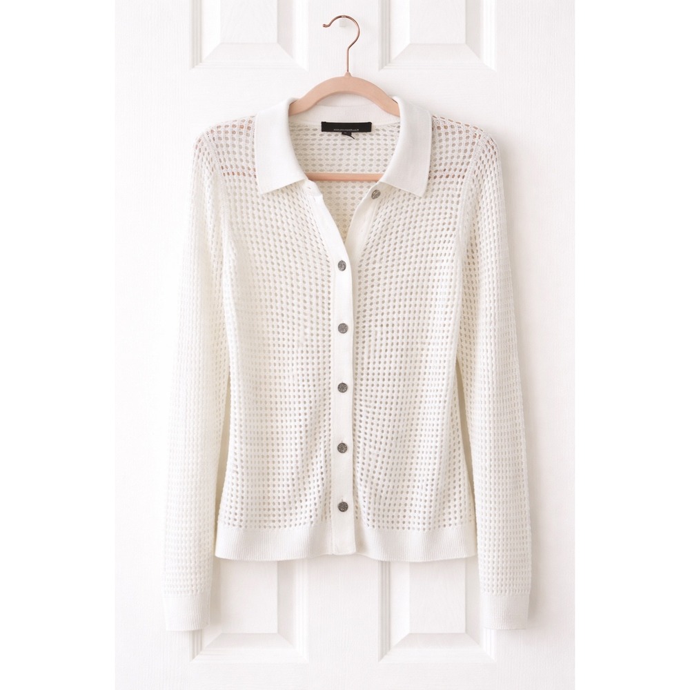 White House Black Market Open‎ Knit Polo Cardigan Coastal White Size L